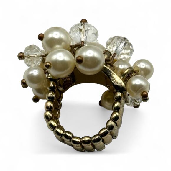 Vintage Cha Cha Ring Faux Pearl Crystal Cluster Bouquet Stretch Cocktail - Picture 5 of 6